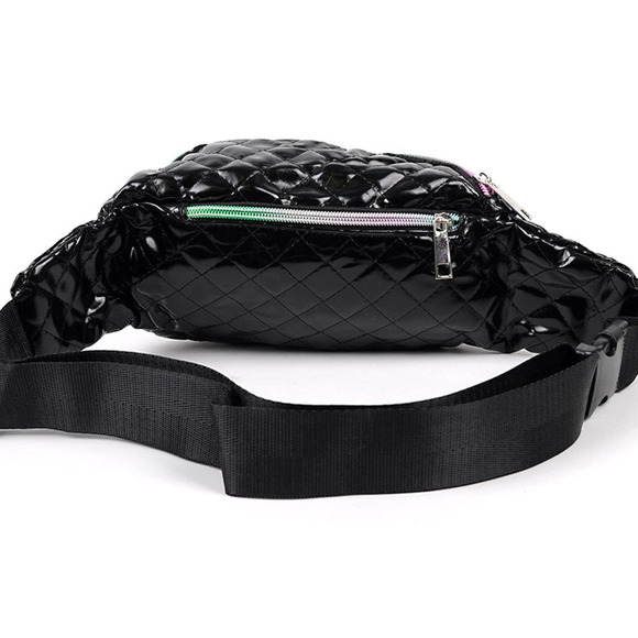 Quilted Black Fanny Pack Belt Bag Sling Bag  with Iridescent Zippers - Picture 4 of 5